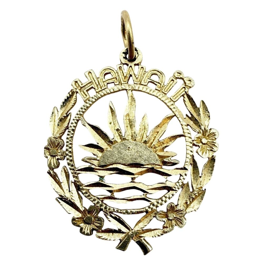 Vtg Signed 14K GD Gold Hawaii Sunrise Cutout Floral Halo Filigree Pendant Dainty